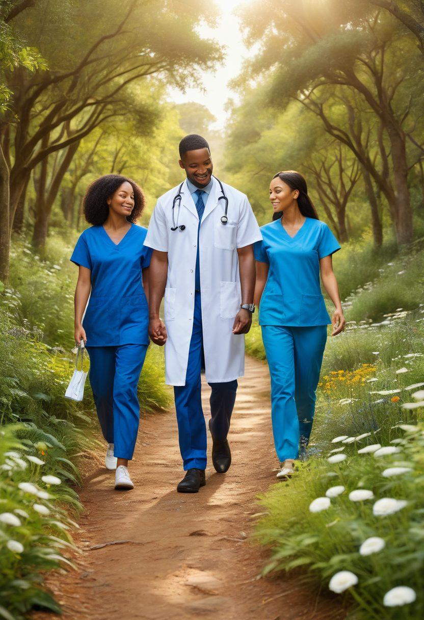 An inviting scene showcasing a diverse group of healthcare professionals guiding a family through a serene, nature-filled path that represents a journey to health. The pathway should be lined with symbols of personalized health solutions such as stethoscopes, heart monitors, and herbs, blending nature and care. The family should appear hopeful and engaged, emphasizing trust and support. Bright, soothing colors to evoke a sense of calm and well-being. super-realistic. vibrant colors.
