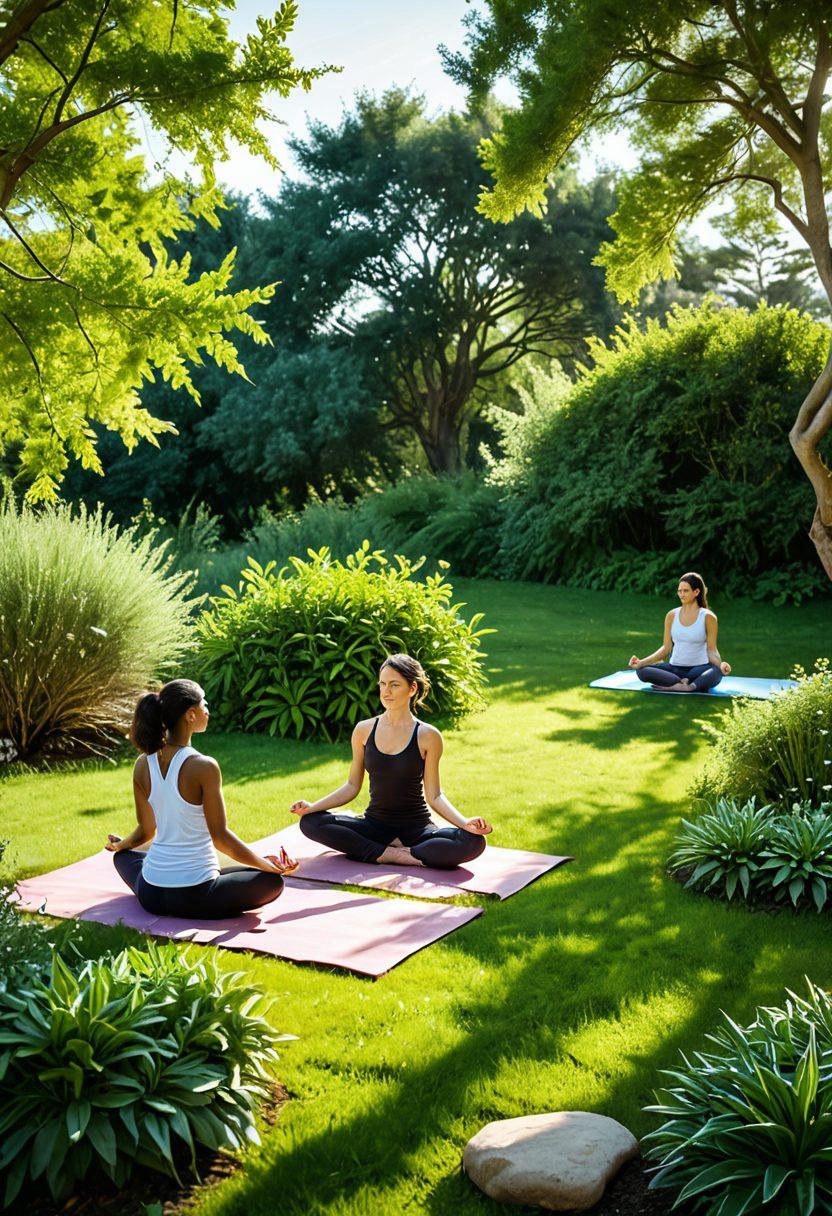 A serene landscape featuring a diverse group of people engaging in various holistic wellness activities, such as yoga, meditation, and nature walks. Lush greenery, soft sunlight, and colorful wellness icons like herbal teas and essential oils should be woven into the scene. The atmosphere should evoke tranquility and a sense of community, highlighting inclusivity and support. bright colors. painting.