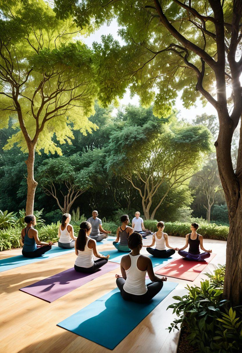 A serene healthcare environment with a diverse group of people engaging in wellness activities, such as yoga and meditation. Include symbols of comprehensive healthcare like a stethoscope and heart rate monitor subtly integrated. The background should feature calming nature elements such as trees and sunlight filtering through leaves. Emphasize a sense of community and support. vibrant colors. super-realistic.